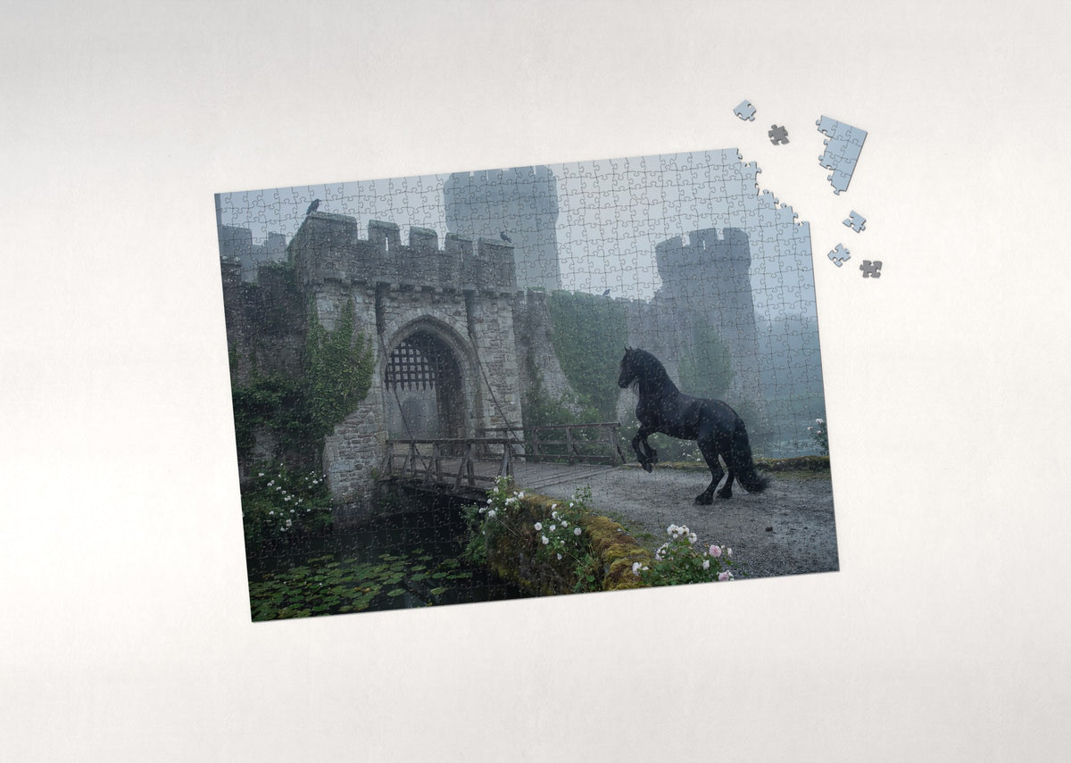 Friesian at the Castle Gate jigsaw puzzle - puzzle with loose pieces