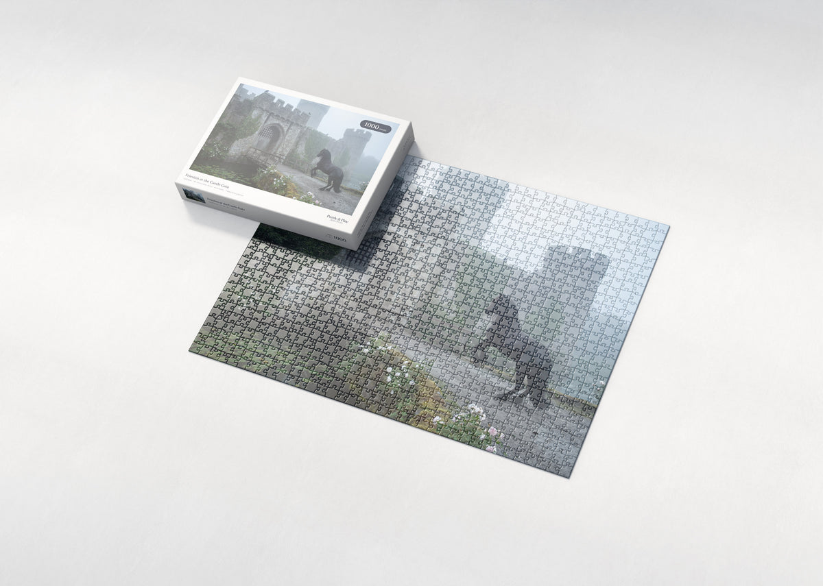 Friesian at the Castle Gate jigsaw puzzle - box and puzzle