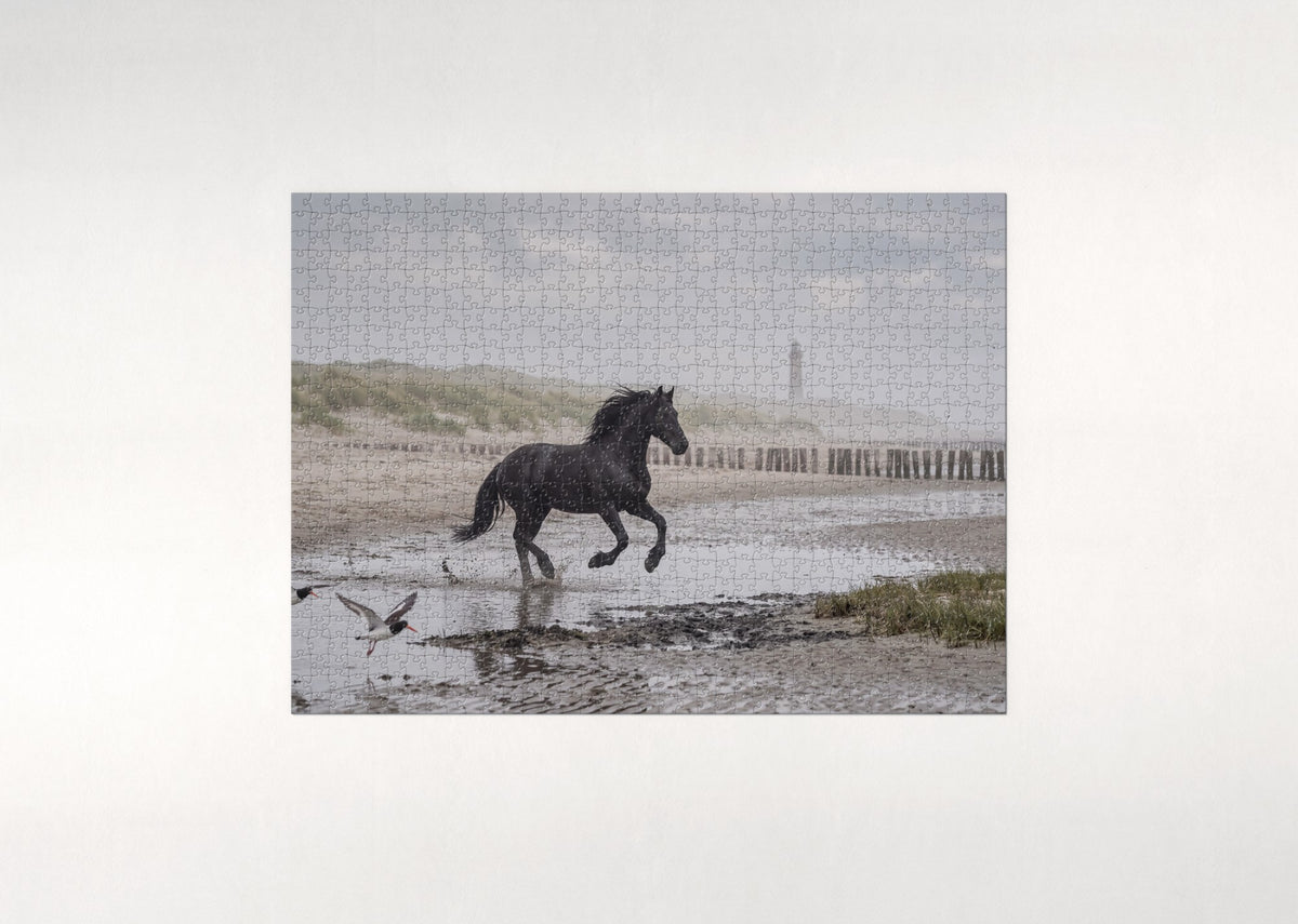 Friesian Galloping the Beach jigsaw puzzle - flat puzzle