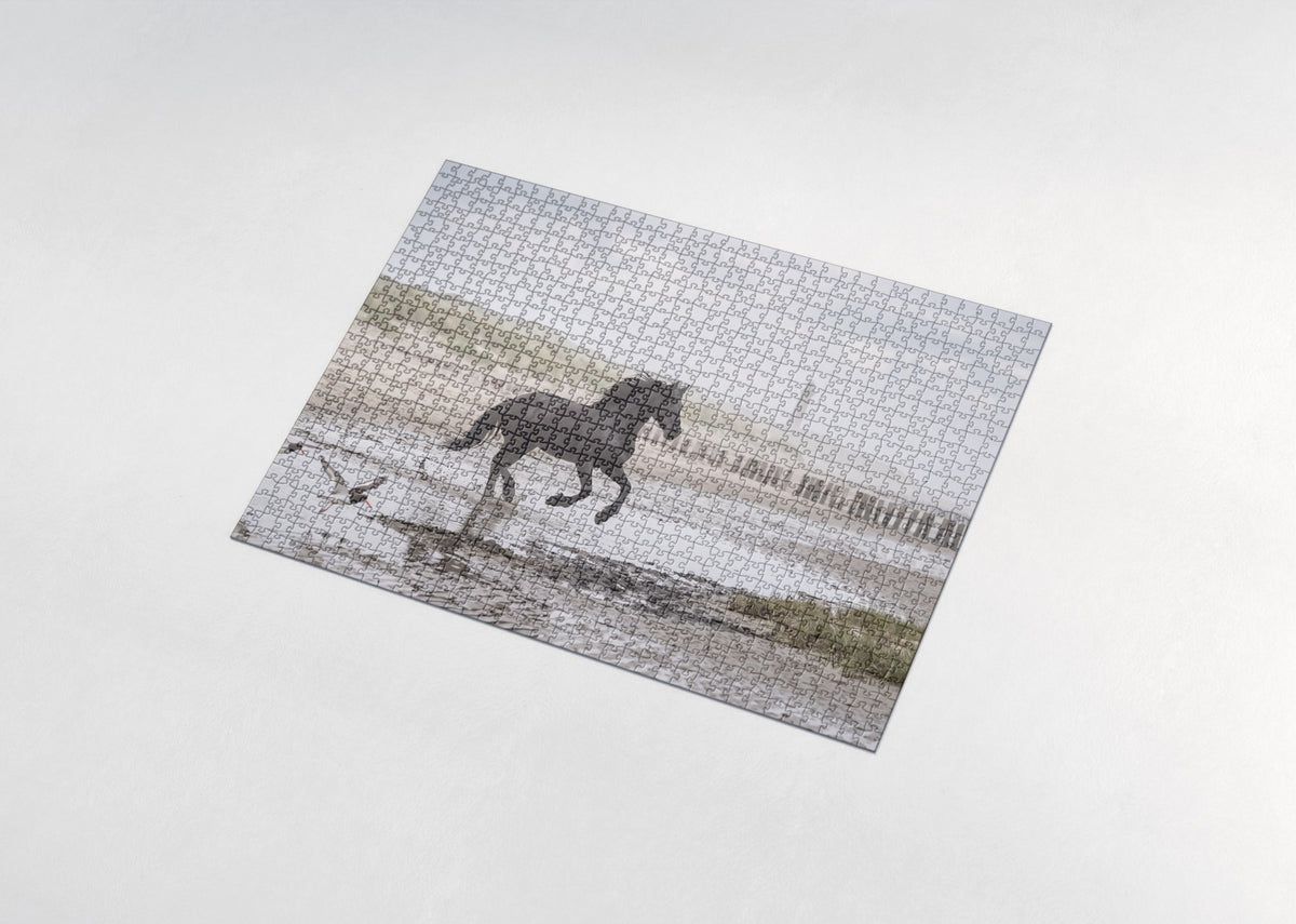Friesian Galloping the Beach jigsaw puzzle - assembled puzzle