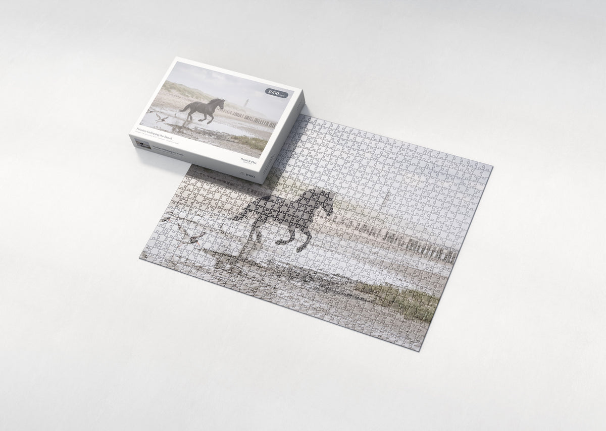 Friesian Galloping the Beach jigsaw puzzle - box and puzzle
