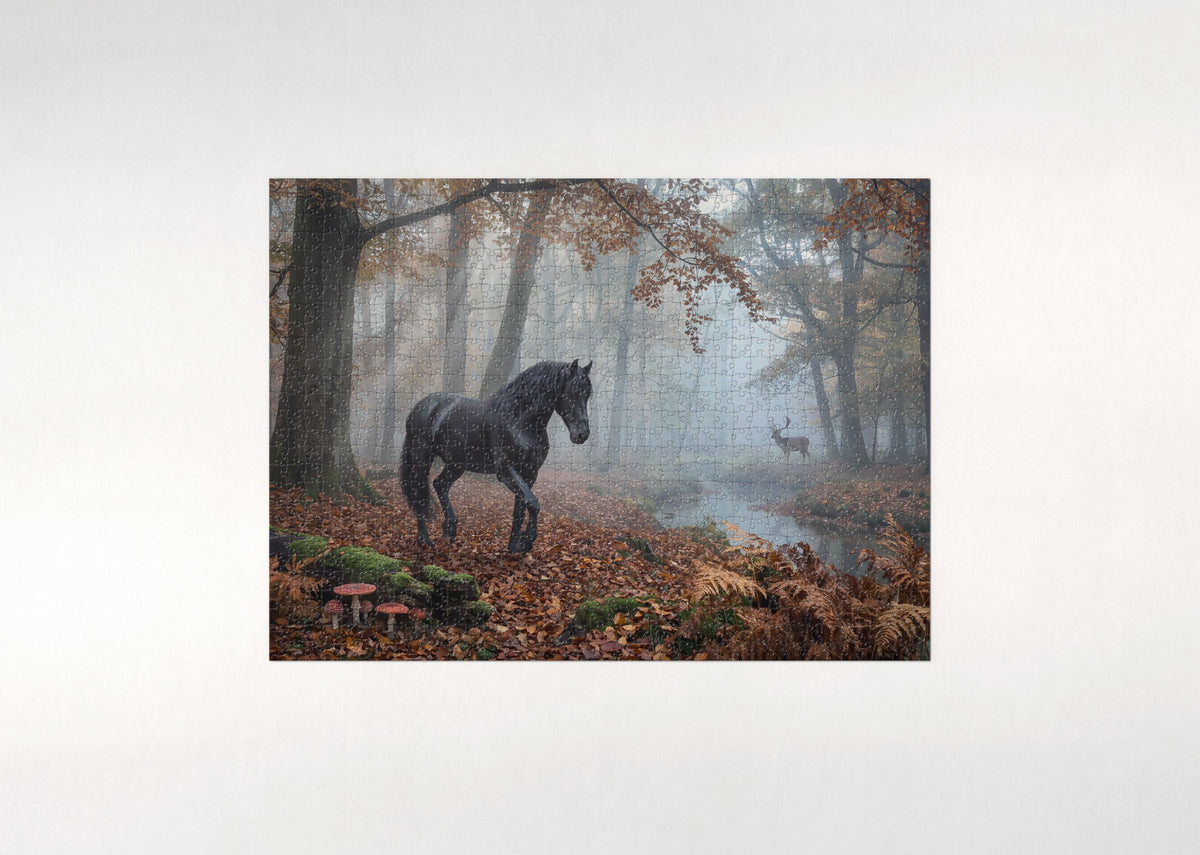 Friesian in the Autumn Forest jigsaw puzzle - flat puzzle