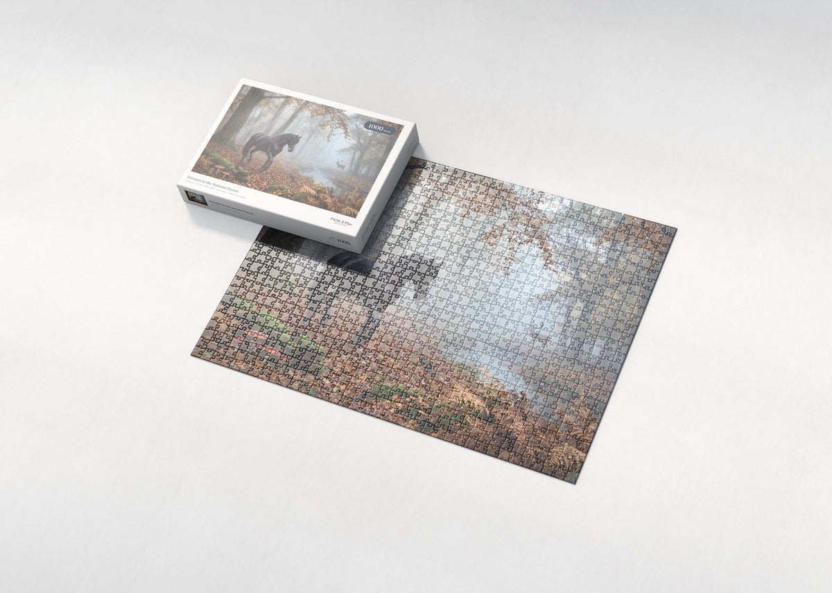 Friesian in the Autumn Forest jigsaw puzzle - box and puzzle
