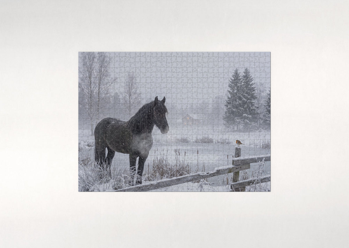 Friesian in the Falling Snow jigsaw puzzle - flat puzzle