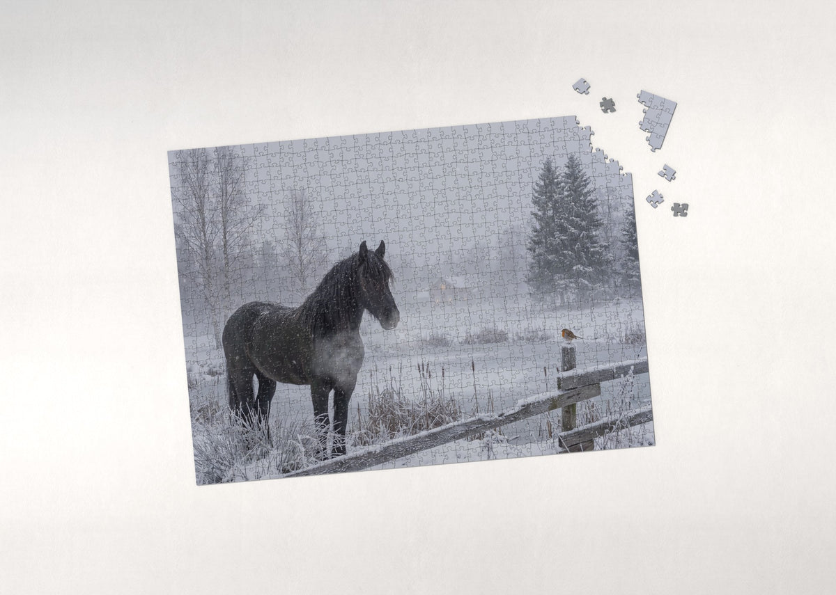 Friesian in the Falling Snow jigsaw puzzle - puzzle with loose pieces