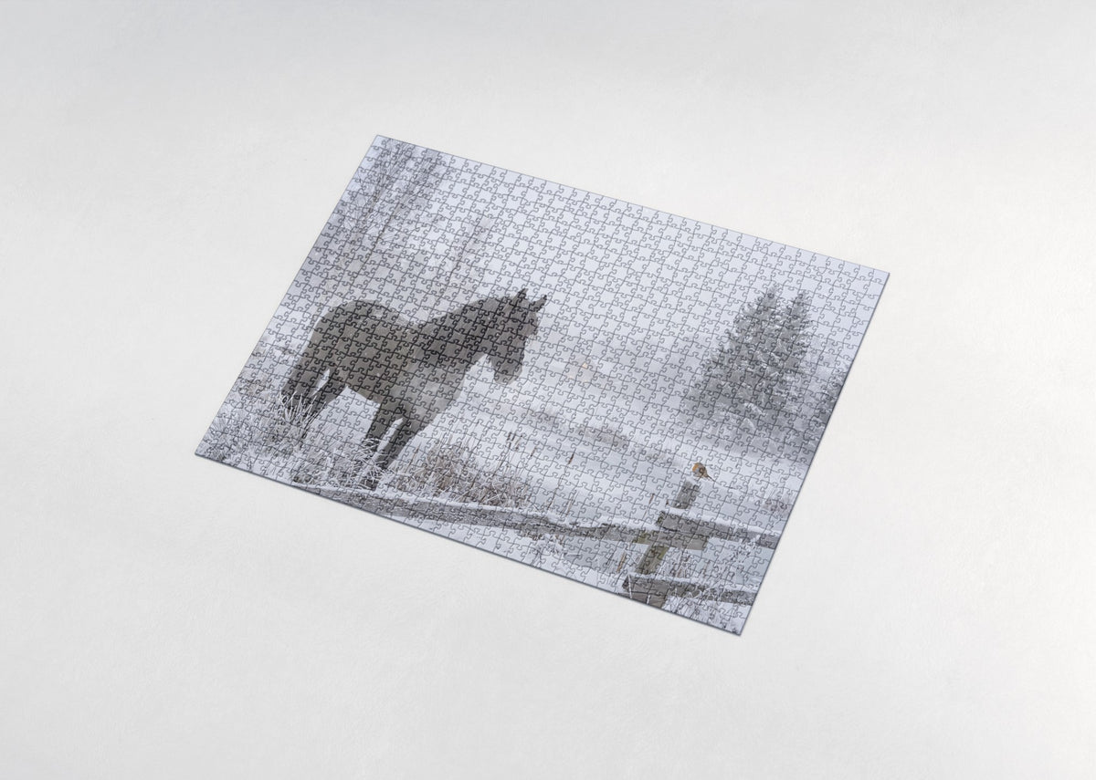 Friesian in the Falling Snow jigsaw puzzle - assembled puzzle