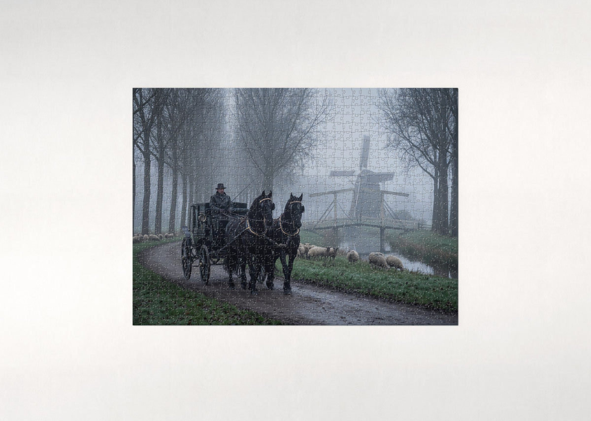 Friesian Pair Pulling the Carriage jigsaw puzzle - flat puzzle