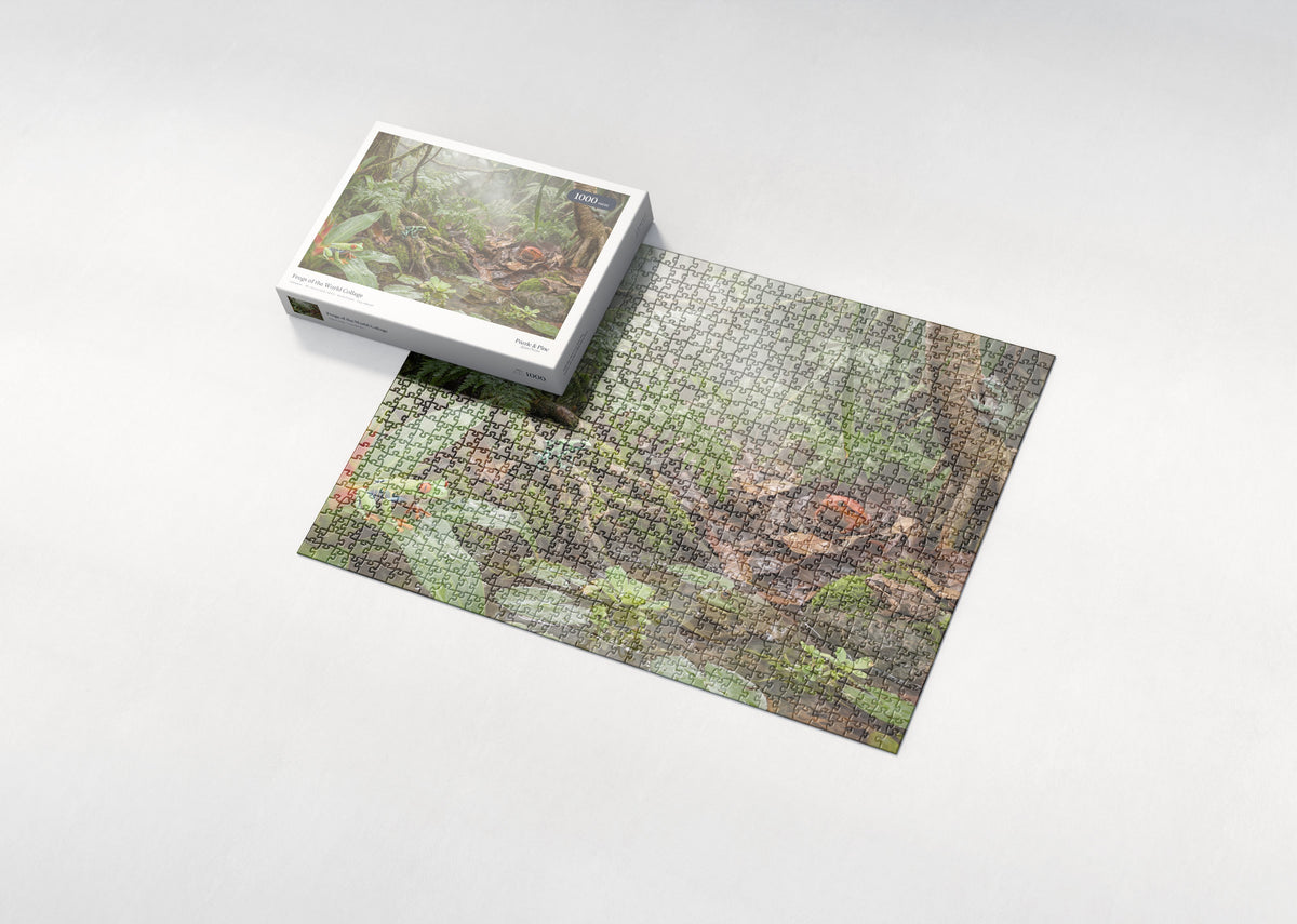 Frogs of the World Collage jigsaw puzzle - box and puzzle