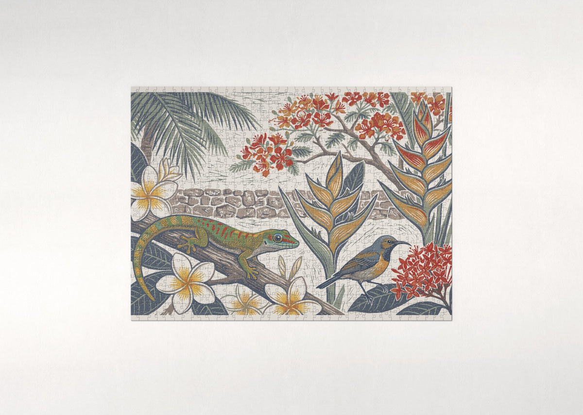 Gecko Among the Tropical Flowers jigsaw puzzle - flat puzzle