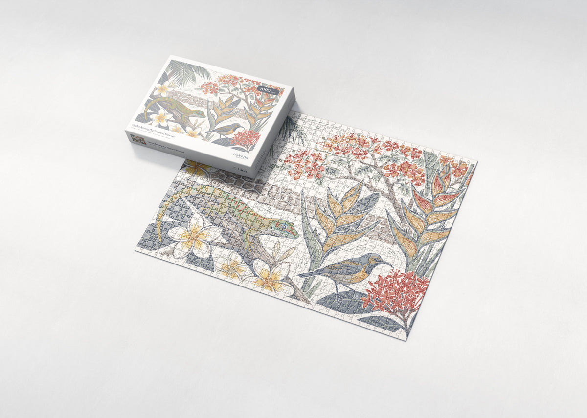Gecko Among the Tropical Flowers jigsaw puzzle - box and puzzle