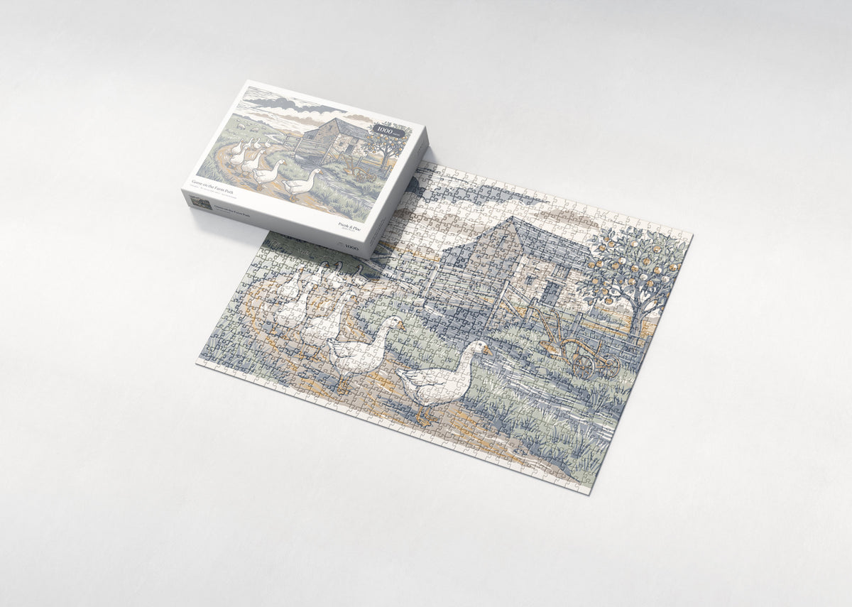 Geese on the Farm Path jigsaw puzzle - box and puzzle