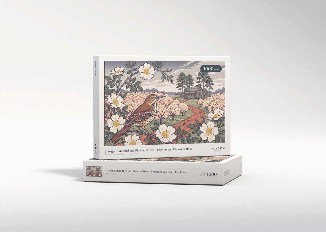 Georgia State Bird and Flower: Brown Thrasher and Cherokee Rose jigsaw puzzle - gift box