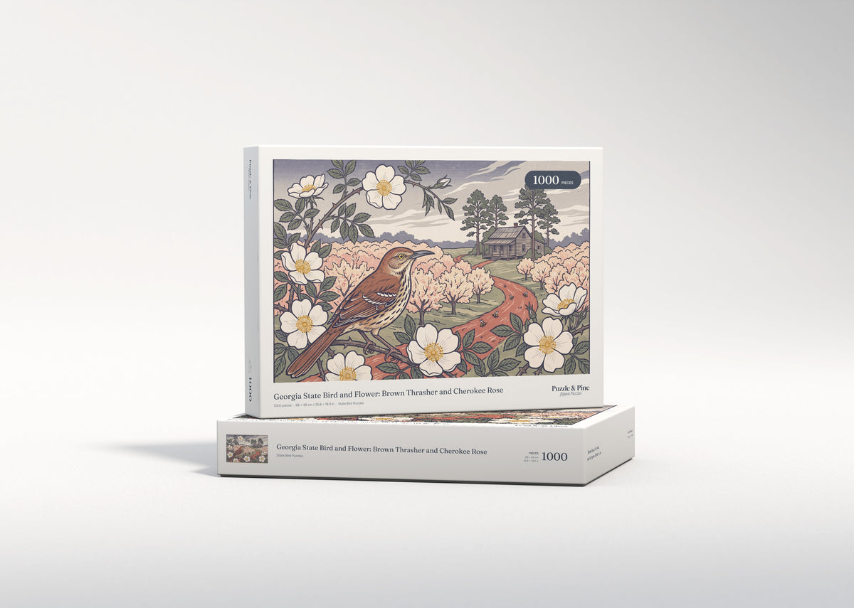 Georgia State Bird and Flower: Brown Thrasher and Cherokee Rose jigsaw puzzle - gift box