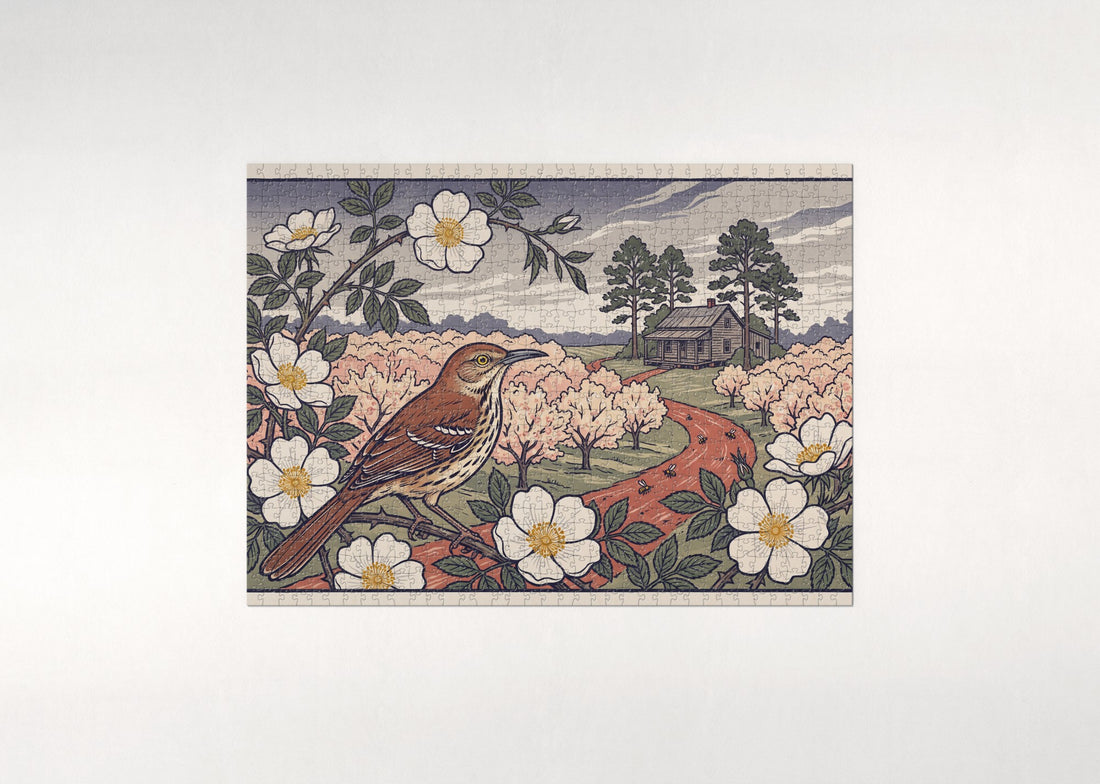 Georgia State Bird and Flower: Brown Thrasher and Cherokee Rose jigsaw puzzle - gift box