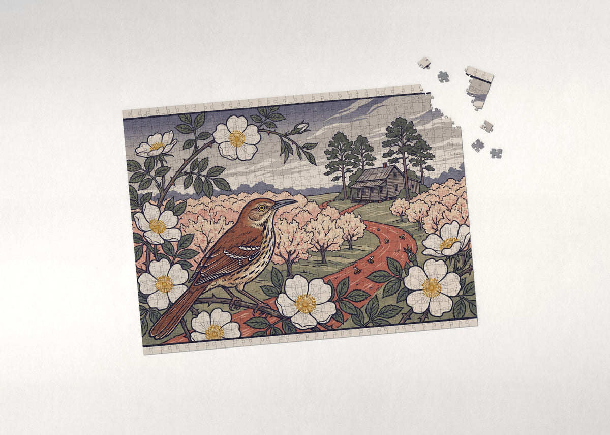 Georgia State Bird and Flower: Brown Thrasher and Cherokee Rose jigsaw puzzle - puzzle with loose pieces