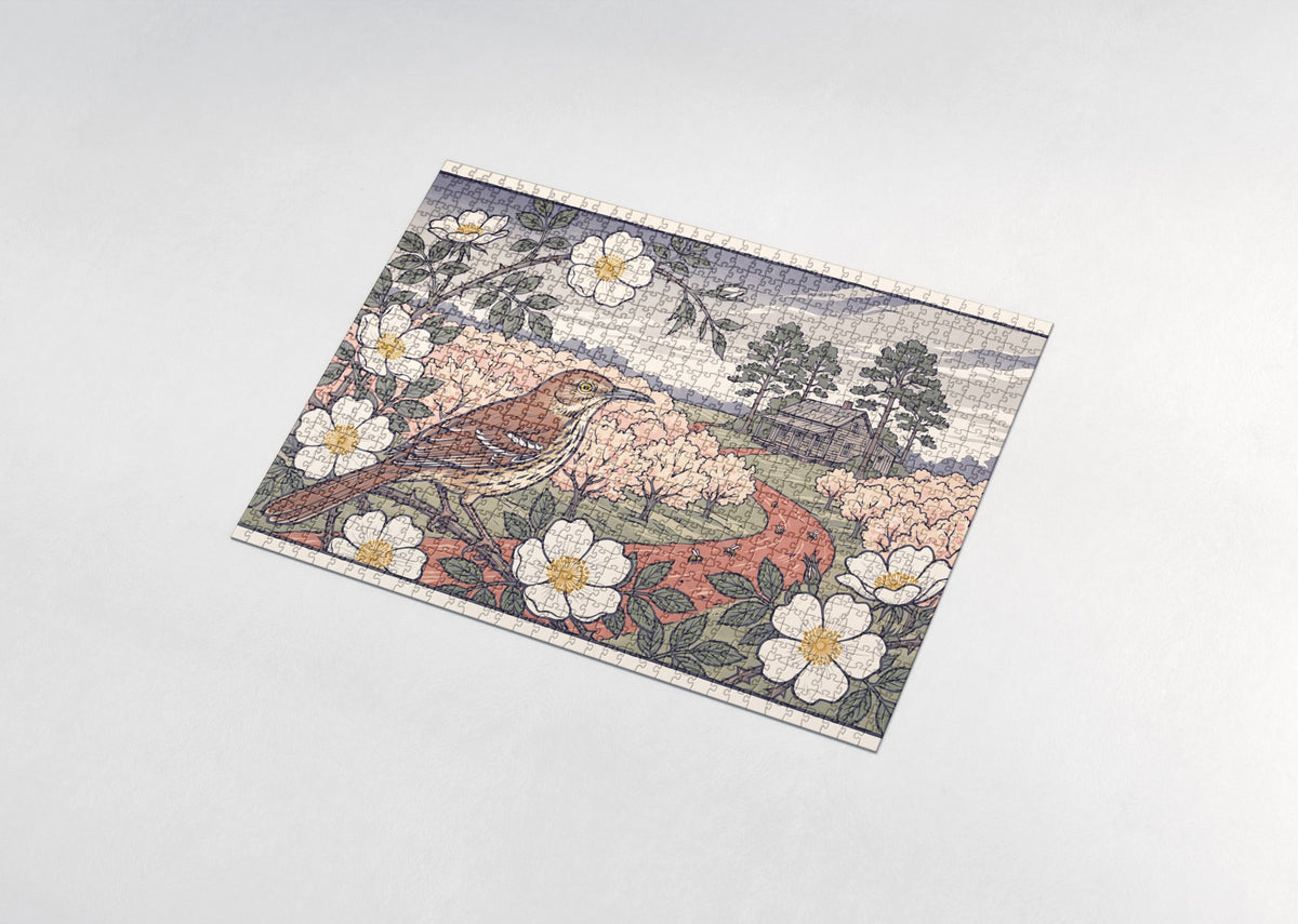 Georgia State Bird and Flower: Brown Thrasher and Cherokee Rose jigsaw puzzle - assembled puzzle