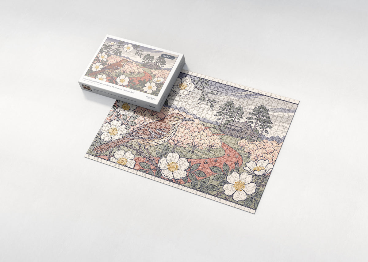 Georgia State Bird and Flower: Brown Thrasher and Cherokee Rose jigsaw puzzle - box and puzzle