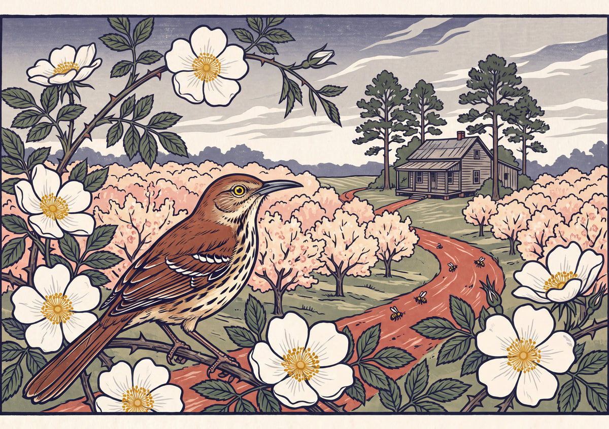 Georgia State Bird and Flower: Brown Thrasher and Cherokee Rose jigsaw puzzle