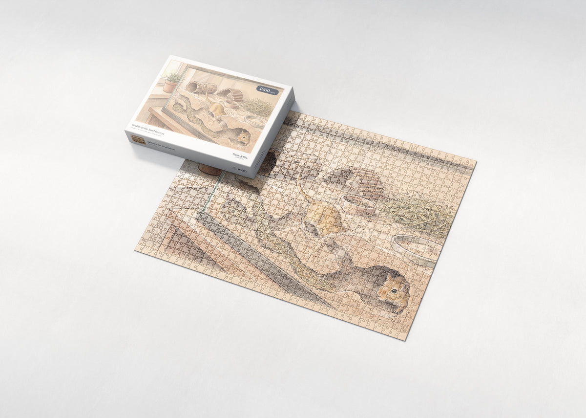 Gerbils in the Sand Burrow jigsaw puzzle - box and puzzle