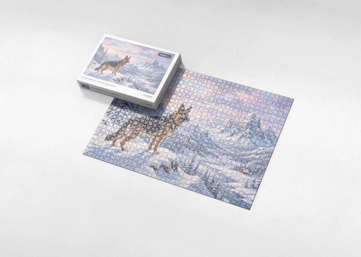 German Shepherd at the Snowy Ridge Lookout jigsaw puzzle - box and puzzle
