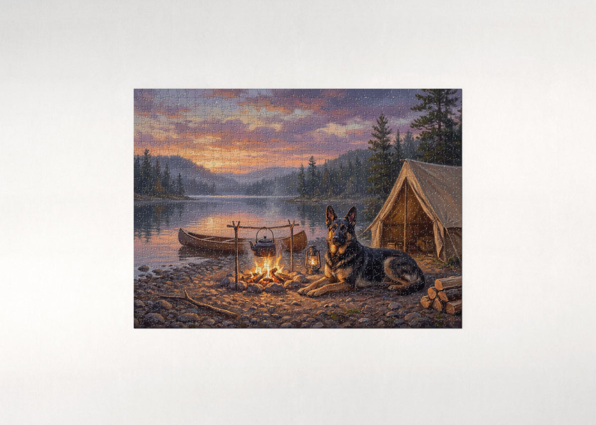 German Shepherd by the Lakeside Campfire jigsaw puzzle - flat puzzle