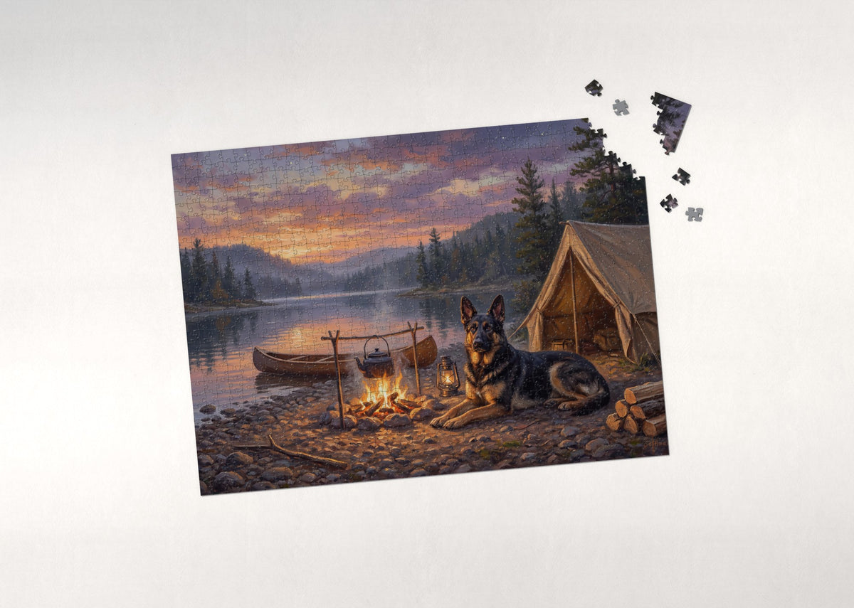German Shepherd by the Lakeside Campfire jigsaw puzzle - puzzle with loose pieces