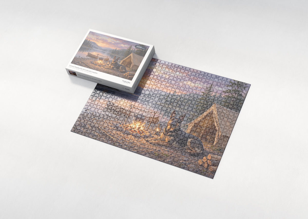 German Shepherd by the Lakeside Campfire jigsaw puzzle - box and puzzle