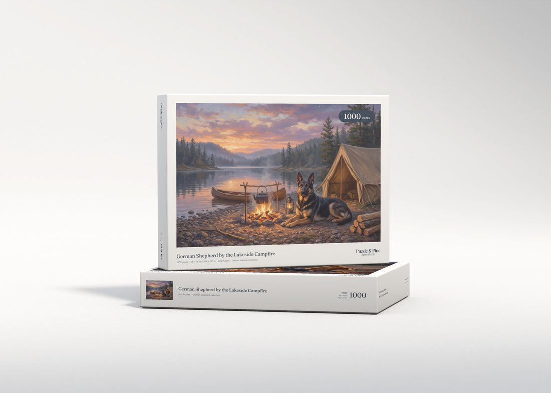 German Shepherd by the Lakeside Campfire jigsaw puzzle - gift box