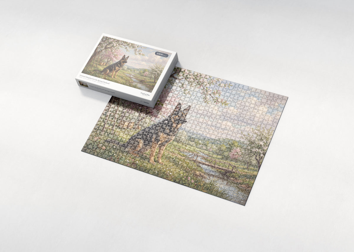German Shepherd in the Spring Orchard jigsaw puzzle - box and puzzle