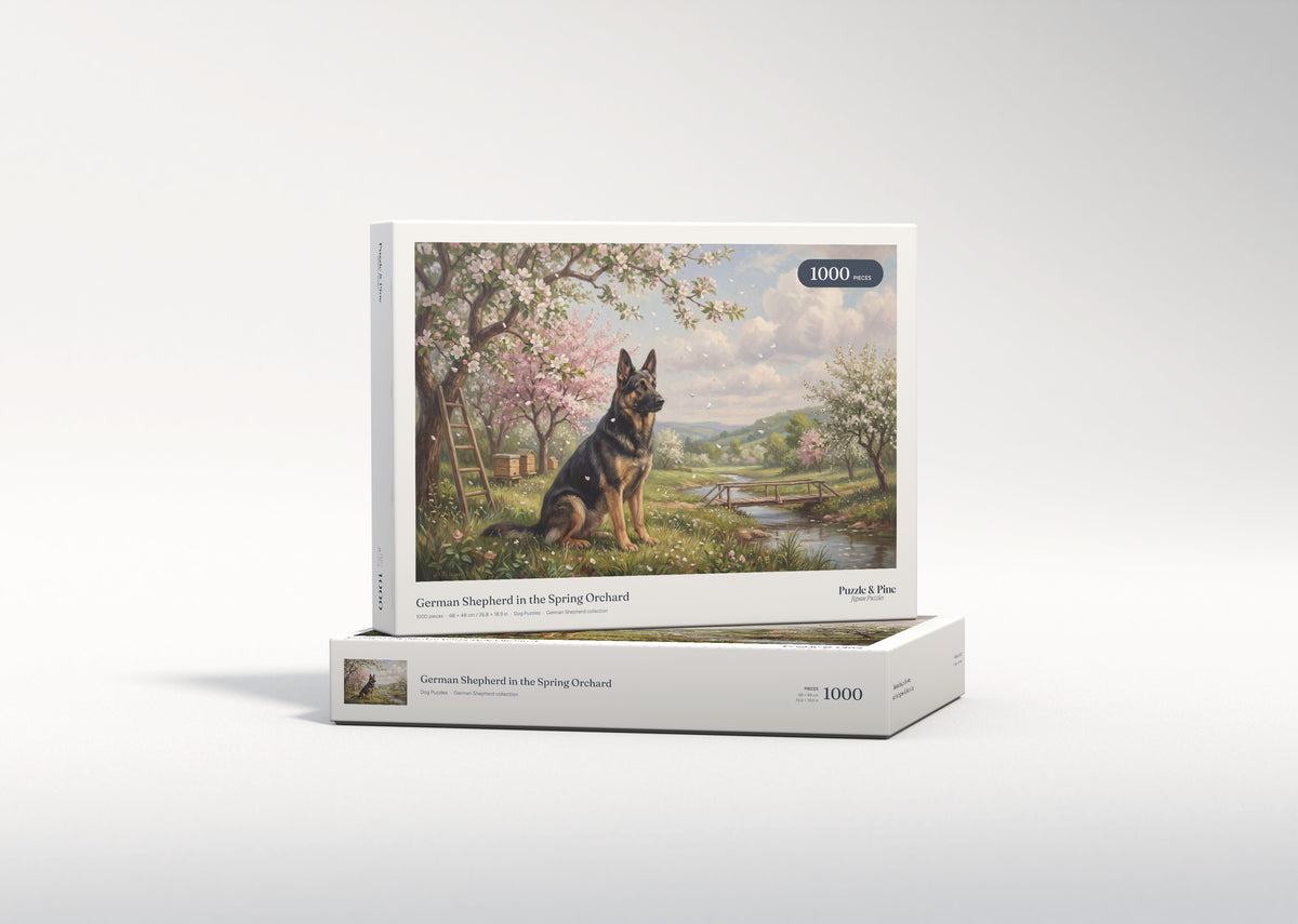 German Shepherd in the Spring Orchard jigsaw puzzle - gift box