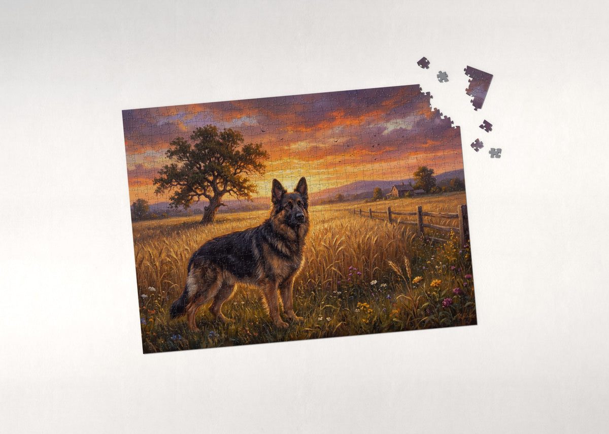 German Shepherd in the Wheat Field at Sunset jigsaw puzzle - puzzle with loose pieces