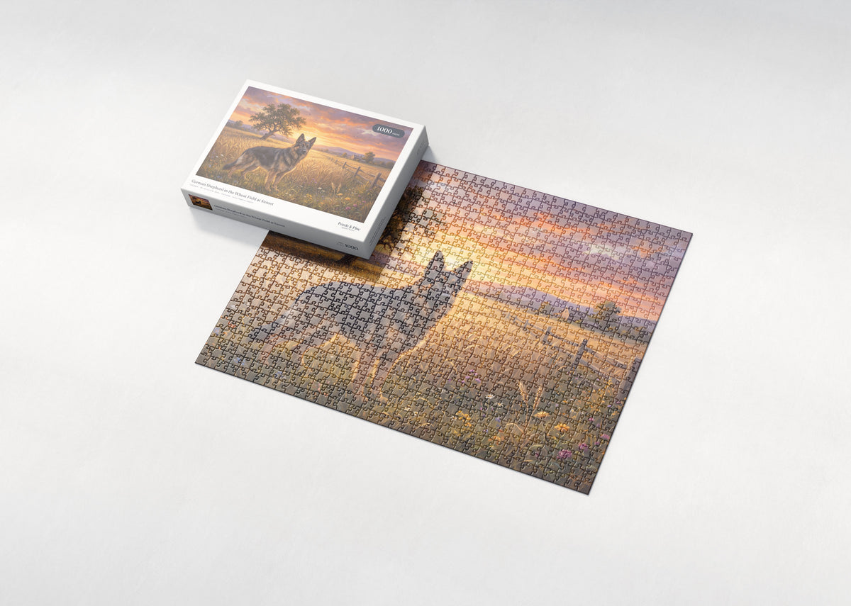 German Shepherd in the Wheat Field at Sunset jigsaw puzzle - box and puzzle