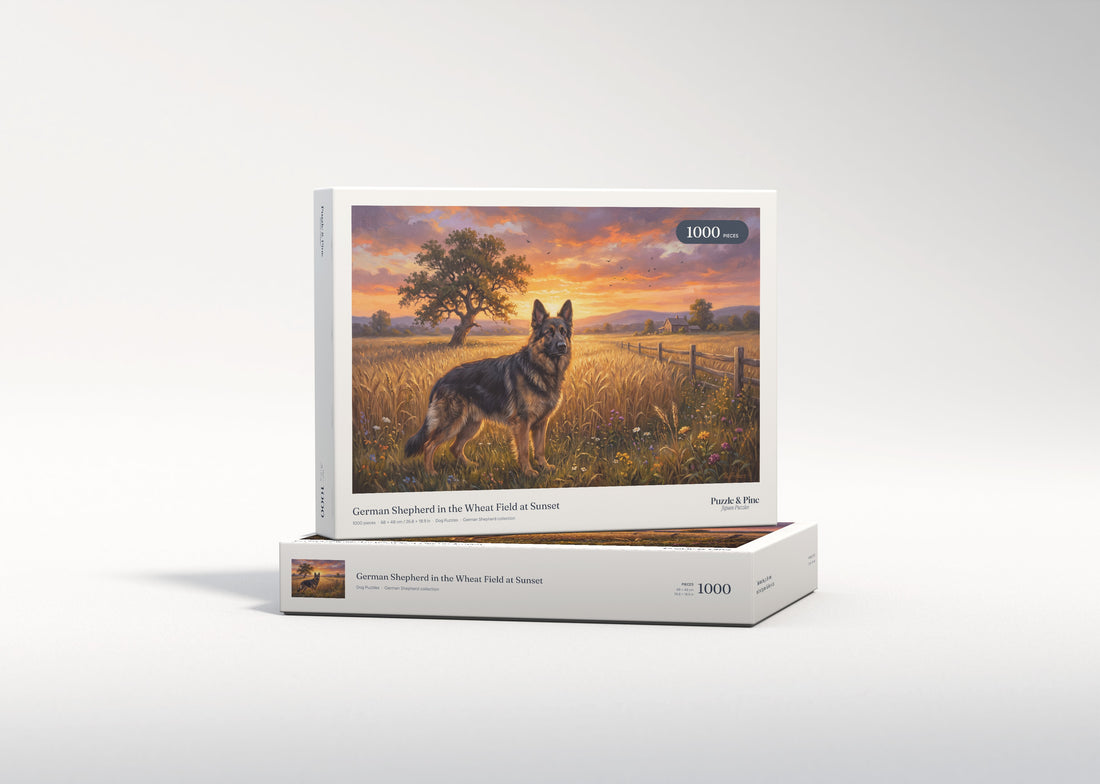 German Shepherd in the Wheat Field at Sunset jigsaw puzzle - gift box
