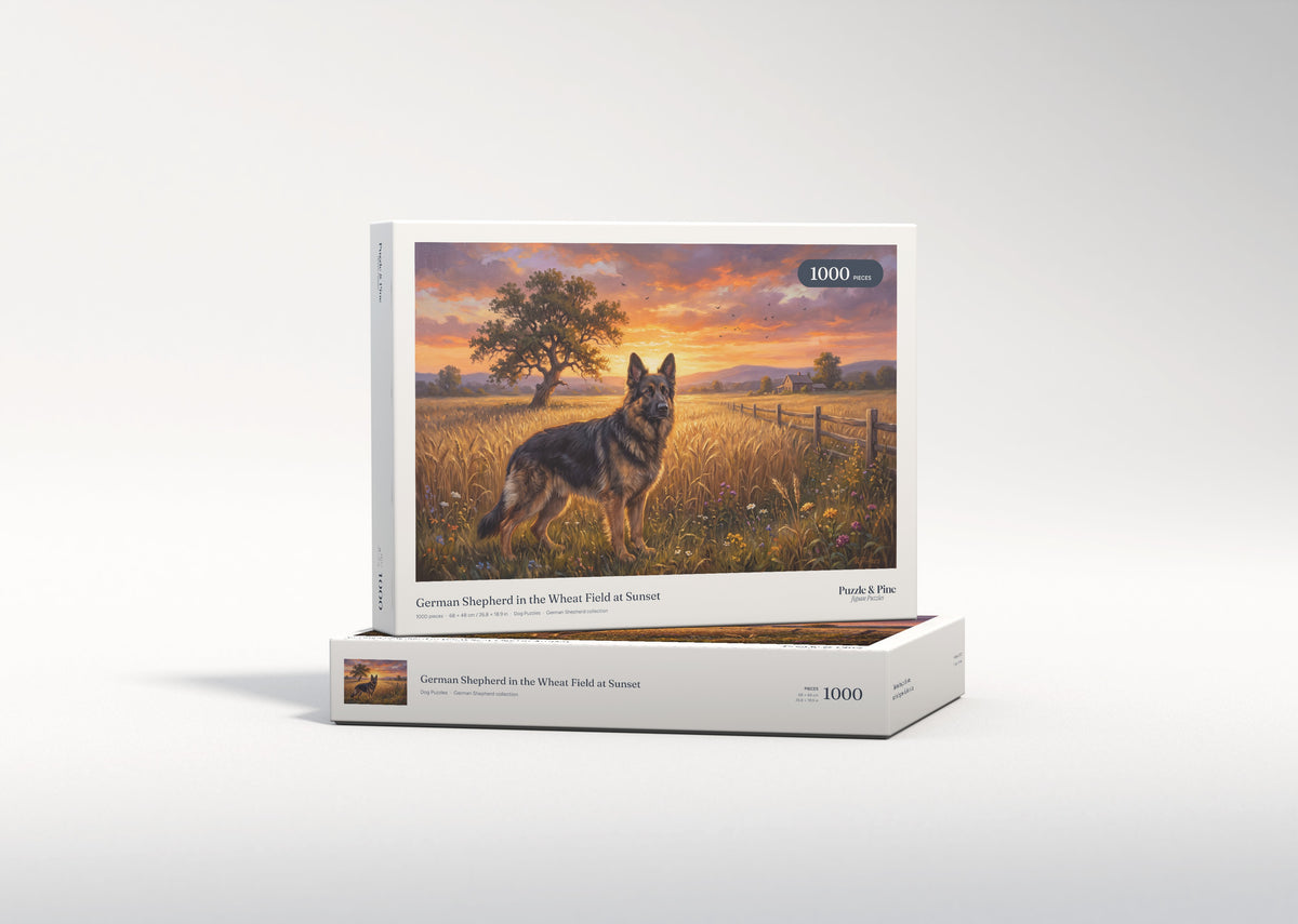 German Shepherd in the Wheat Field at Sunset jigsaw puzzle - gift box