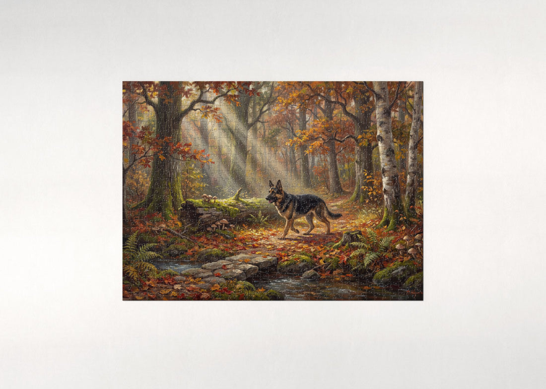 German Shepherd on the Autumn Forest Path jigsaw puzzle - gift box