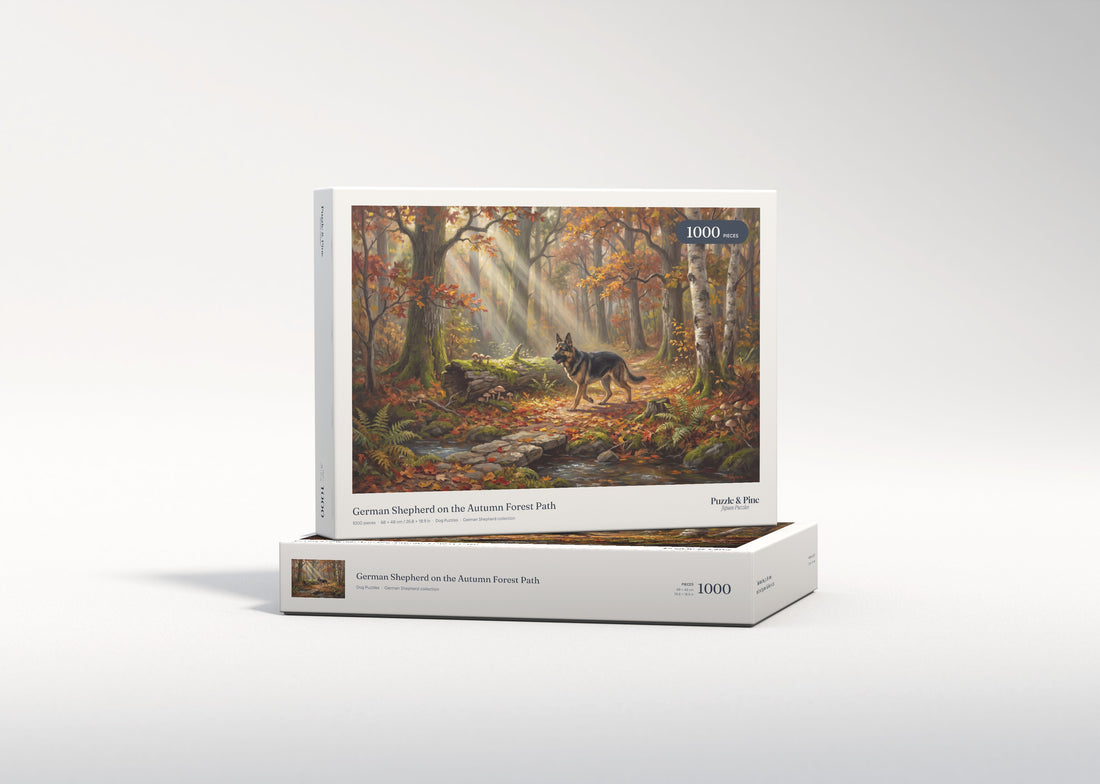 German Shepherd on the Autumn Forest Path jigsaw puzzle - gift box