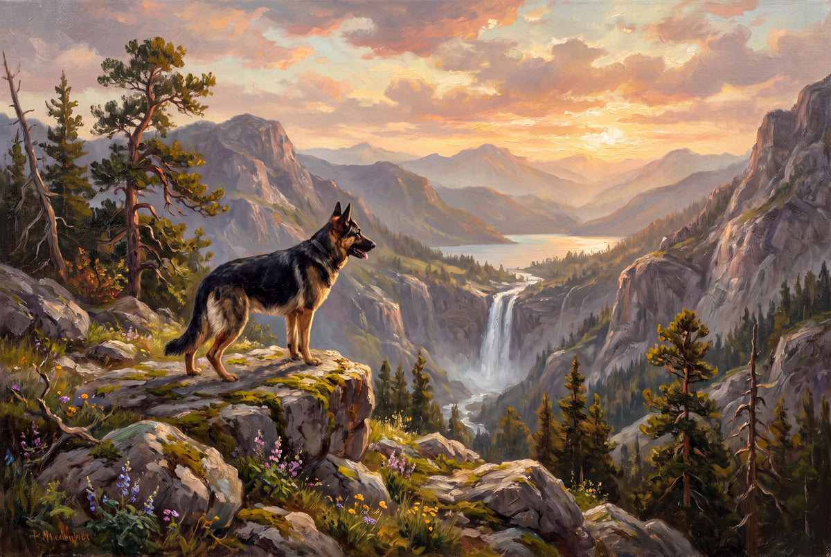 German Shepherd on the Mountain Trail at Dawn jigsaw puzzle