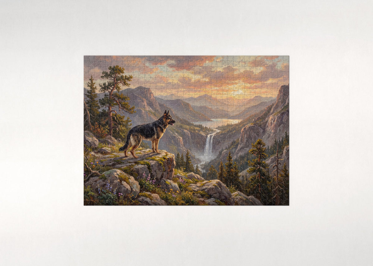 German Shepherd on the Mountain Trail at Dawn jigsaw puzzle - flat puzzle