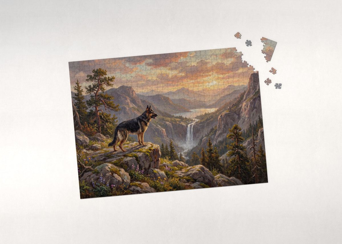 German Shepherd on the Mountain Trail at Dawn jigsaw puzzle - puzzle with loose pieces