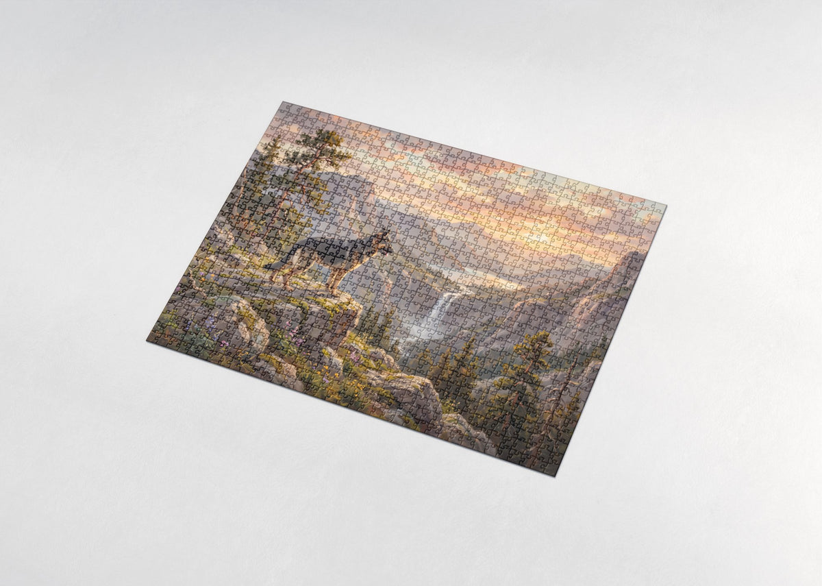 German Shepherd on the Mountain Trail at Dawn jigsaw puzzle - assembled puzzle