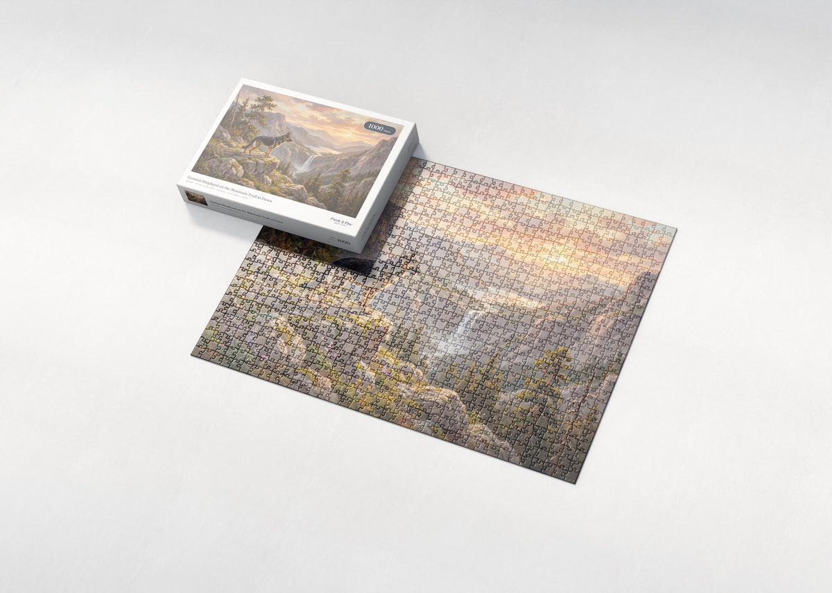 German Shepherd on the Mountain Trail at Dawn jigsaw puzzle - box and puzzle