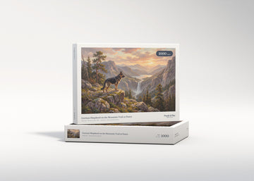 German Shepherd on the Mountain Trail at Dawn jigsaw puzzle - gift box