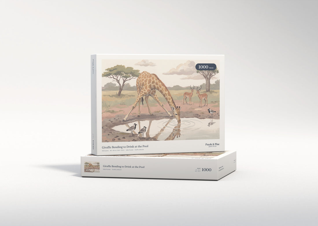 Giraffe Bending to Drink at the Pool jigsaw puzzle - gift box