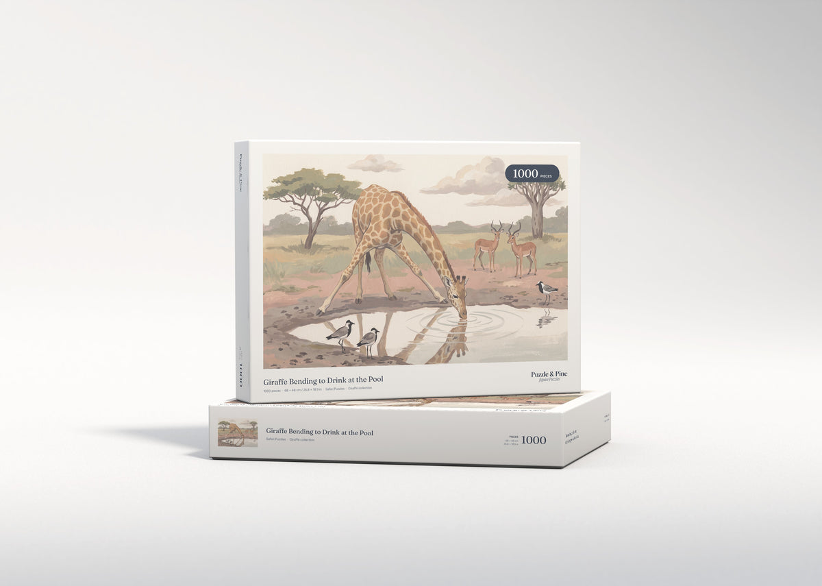 Giraffe Bending to Drink at the Pool jigsaw puzzle - gift box