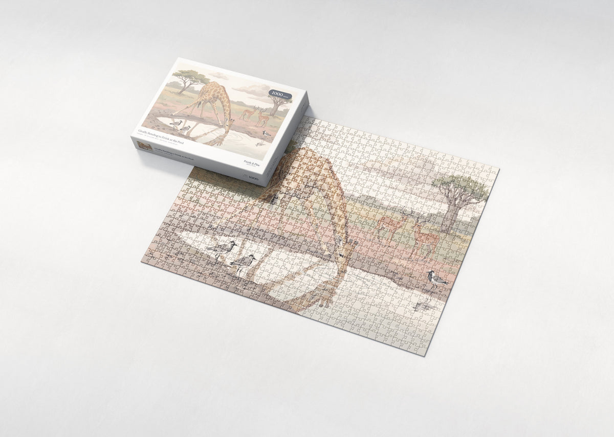 Giraffe Bending to Drink at the Pool jigsaw puzzle - box and puzzle