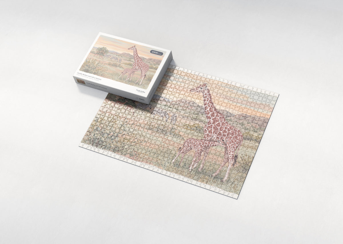 Giraffe Mother and Calf at Sunrise jigsaw puzzle - box and puzzle