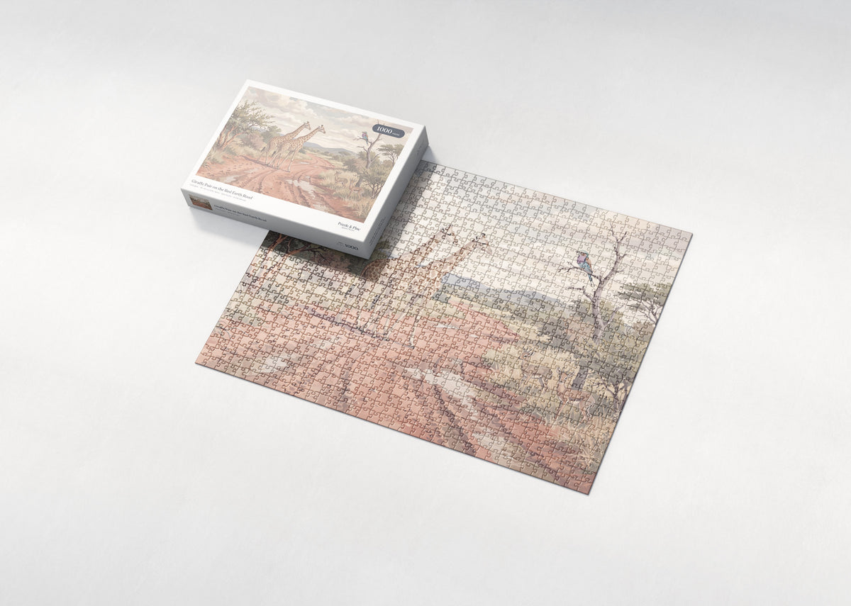 Giraffe Pair on the Red Earth Road jigsaw puzzle - box and puzzle