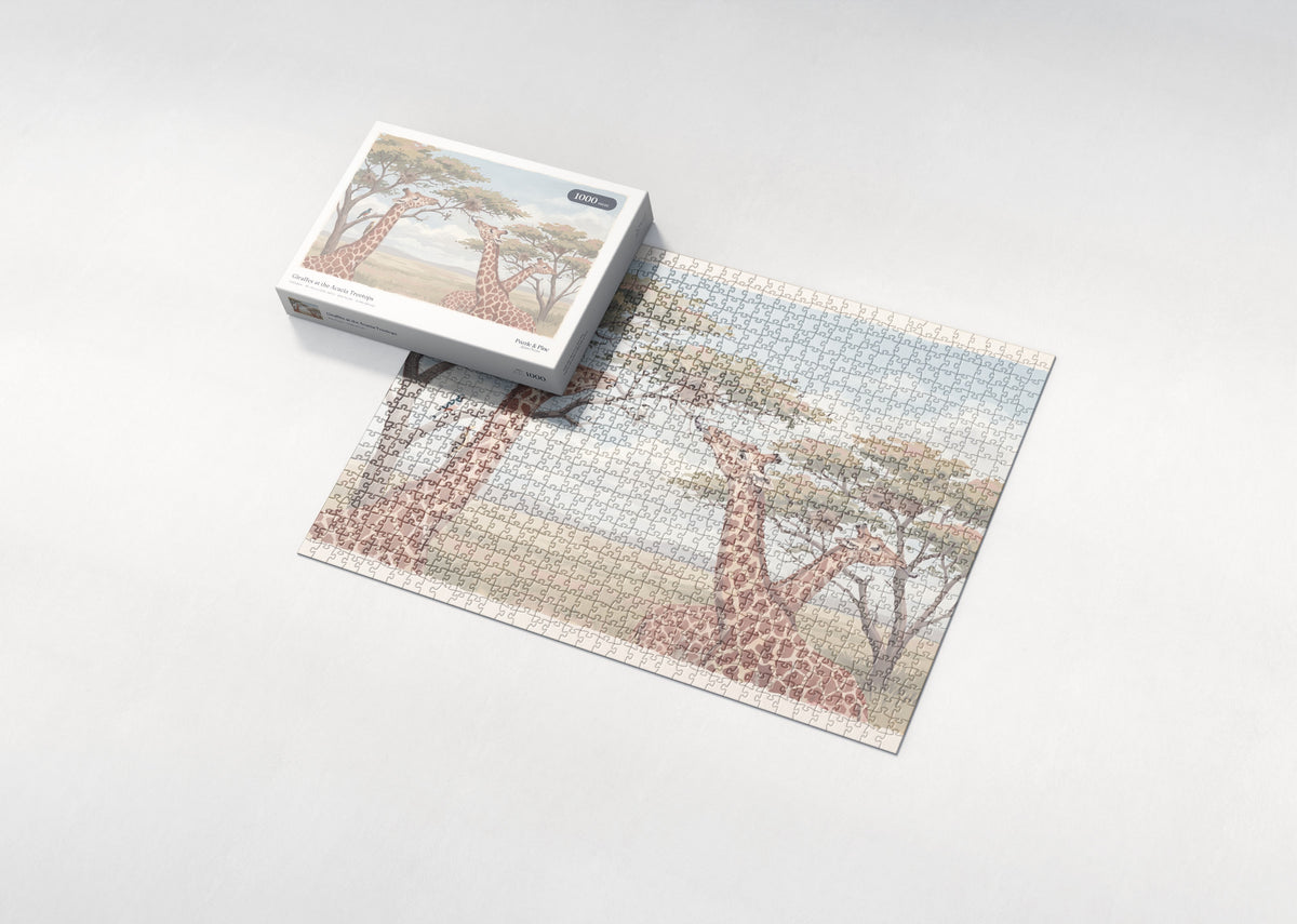 Giraffes at the Acacia Treetops jigsaw puzzle - box and puzzle