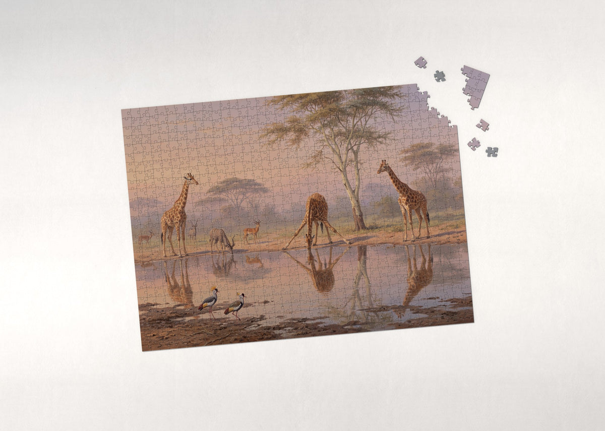Giraffes at the Evening Waterhole jigsaw puzzle - puzzle with loose pieces
