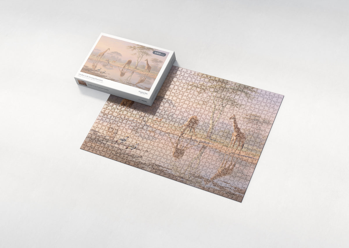 Giraffes at the Evening Waterhole jigsaw puzzle - box and puzzle